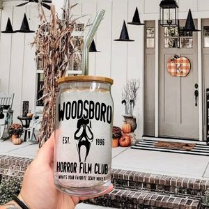 Ghostface Scream 16oz Glass Ice Coffee Soda Cup With Bamboo Lid And Glass Straw